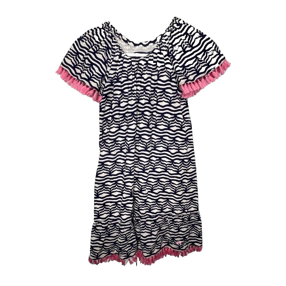 GIRLS VINEYARD VINES NAVY BLUE WHITE STRIPED PINK FRINGE COTTON BEACH DRESS M